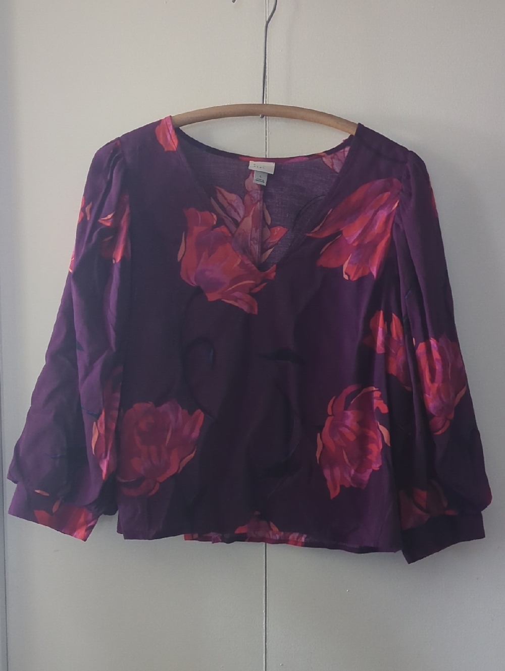 a new day Purple Floral V-Neck Blouse with Pink Accents